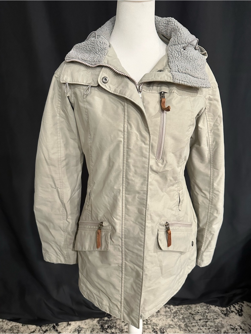 Women's Light Gray Hooded Trench Coat with Sherpa Lining